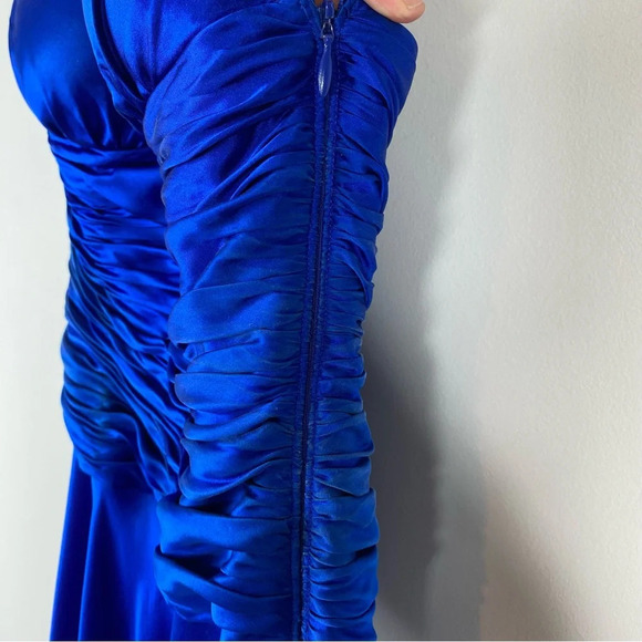 Vintage Cache Silk Dress Halter Scarf Hem Y2K Fairy Retro Ruched Prom Cerulean - Picture 4 of 13